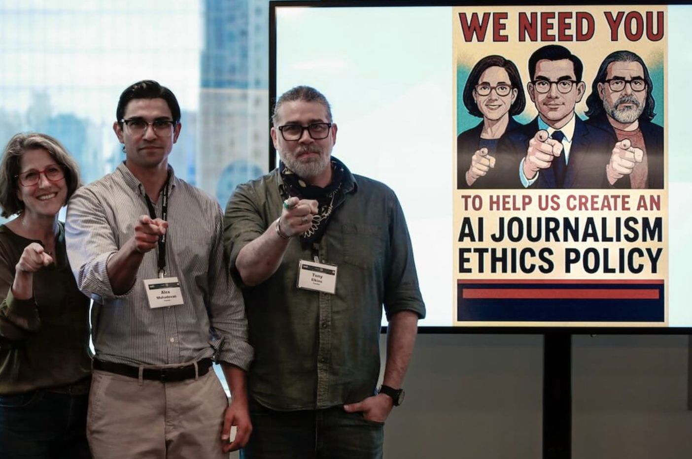 Poynter vice president and ethics chair Kelly McBride, MediaWise director and Poynter faculty Alex Mahadevan and Poynter faculty Tony Elkins pose at the Summit on AI, Ethics and Journalism, led by Poynter and The Associated Press, in New York City on April 4, 2025.