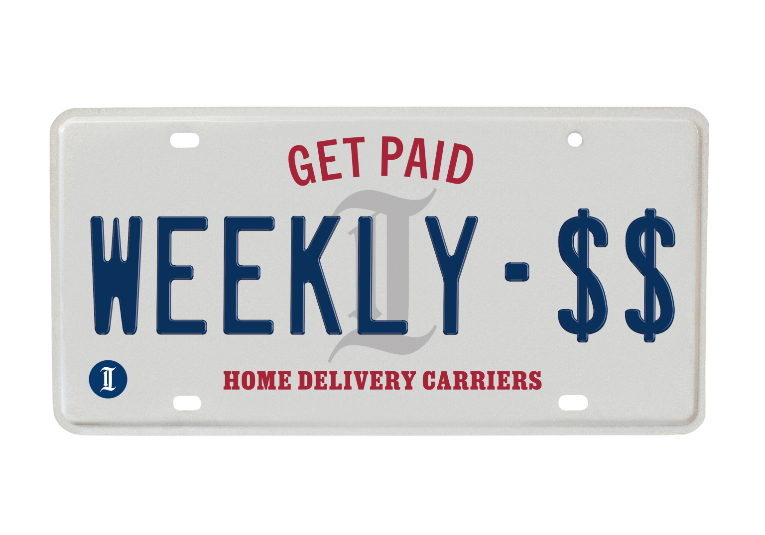 Decorative image of a car license plate that extolls the benefits of working a as a newspaper carrier for the Inquirer.