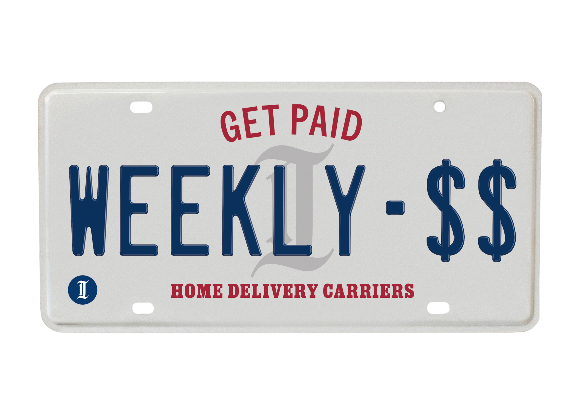 Decorative image of a car license plate that extolls the benefits of working a as a newspaper carrier for the Inquirer.